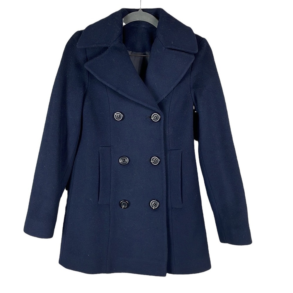 Fleurette Double Breasted 100% Wool Peacoat in Midnight Navy Blue Sz 2